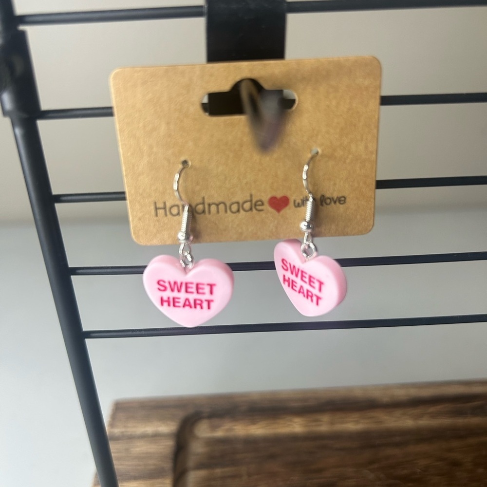 Conversation Hearts Sweet Heart Pink Dangly Earrings NEW